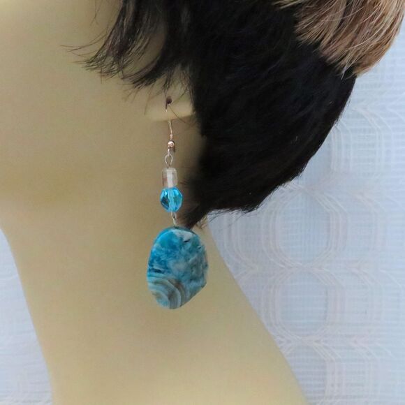 Handmade Blue Crazy Agate Dangle Earrings, Turquoise Blue Boho Drop Earrings - Picture 4 of 6